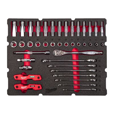 MILWAUKEE 3/8&quot; Ratschen- u. Steckschlüsseleinsätze, Ratschen-Ringmaulschlüssel Einlage 55-teilige Einlage für PACKOUT Koffer mit Schubladen