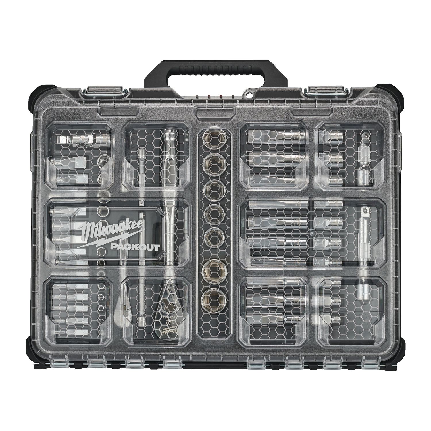MILWAUKEE 63-teilig im PACKOUT Organiser Compact Ratschen- und Steckschlüsseleinsatz Set 1/4&quot; und 1/2&quot; metrisch und imperial