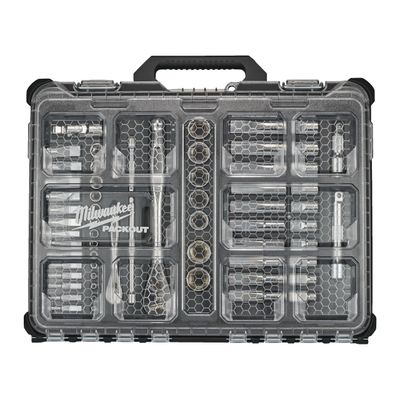 MILWAUKEE 63-teilig im PACKOUT Organiser Compact Ratschen- und Steckschlüsseleinsatz Set 1/4&quot; und 1/2&quot; metrisch und imperial