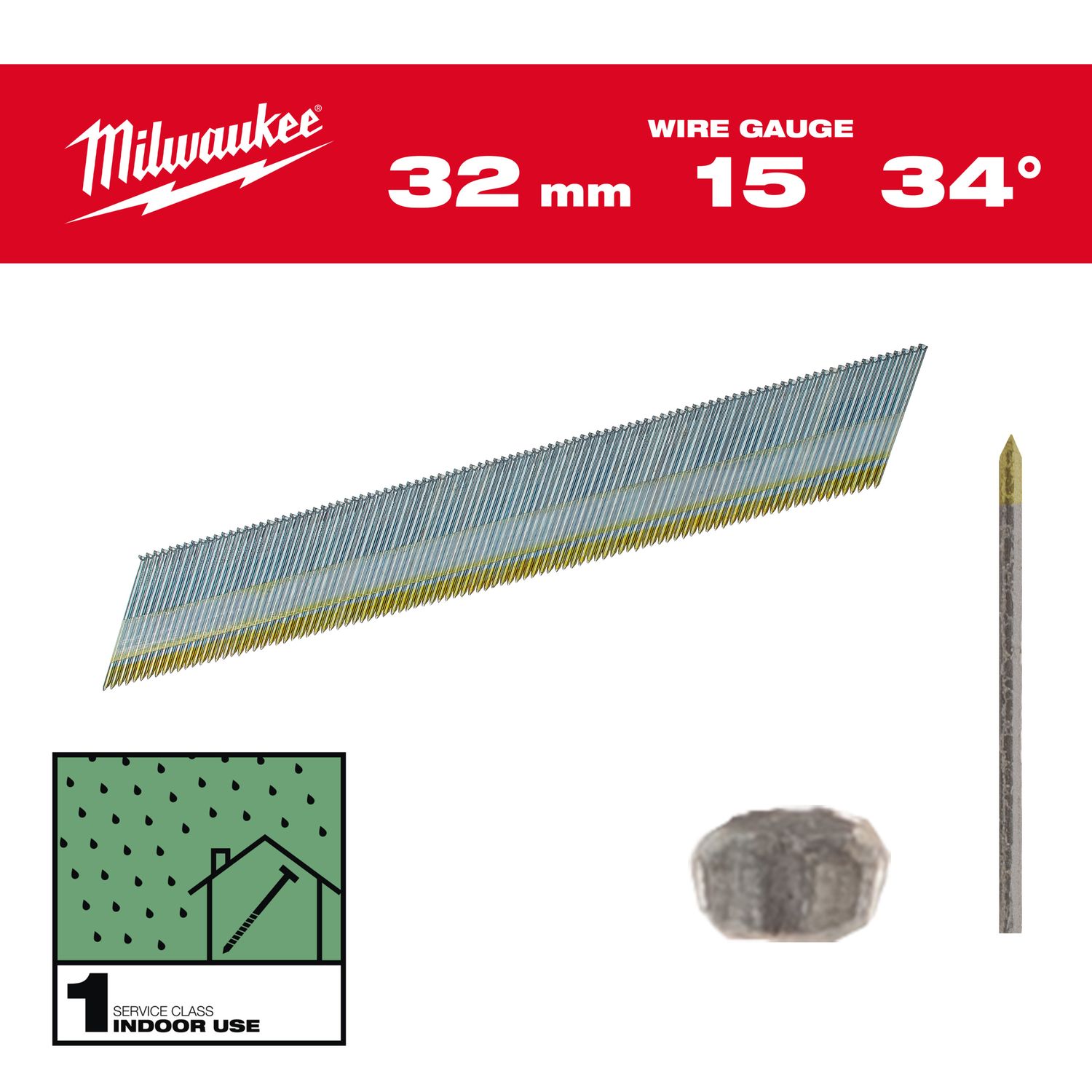 MILWAUKEE 1,8 x 32 mm verzinkt, 34° Stift-Nägel D-Kopf 15 Gauge für M18CN15GA &amp; M18FN15GA