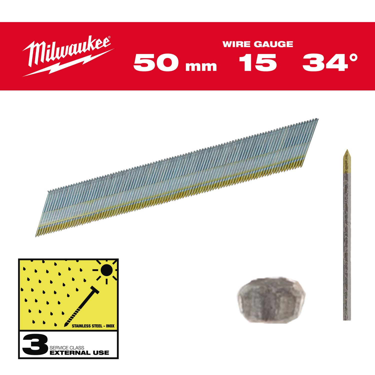 MILWAUKEE 1,8 x 50 mm Edelstahl, 34° Stift-Nägel D-Kopf 15 Gauge für M18CN15GA &amp; M18FN15GA