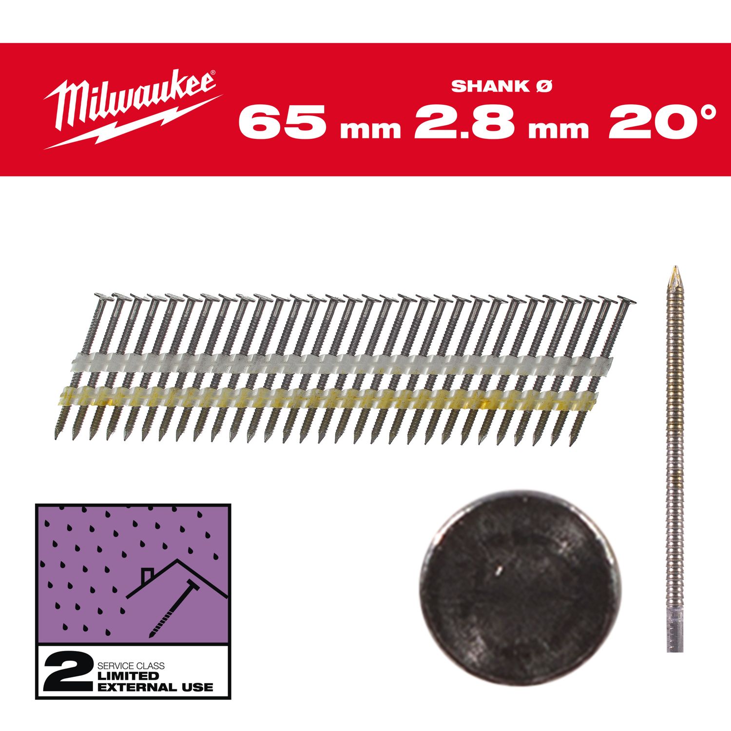 MILWAUKEE 7,4 x 2,8 x 65 mm, Ringschaft verzinkt, 20° Rundkopf-Nägel für M18FFN21