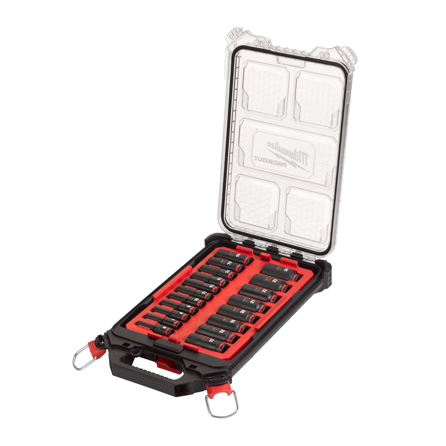 MILWAUKEE 19-teiliges Set im PACKOUT Organiser Slim Compact SHOCKWAVE Schlagnuss 3/8&quot; lang Set