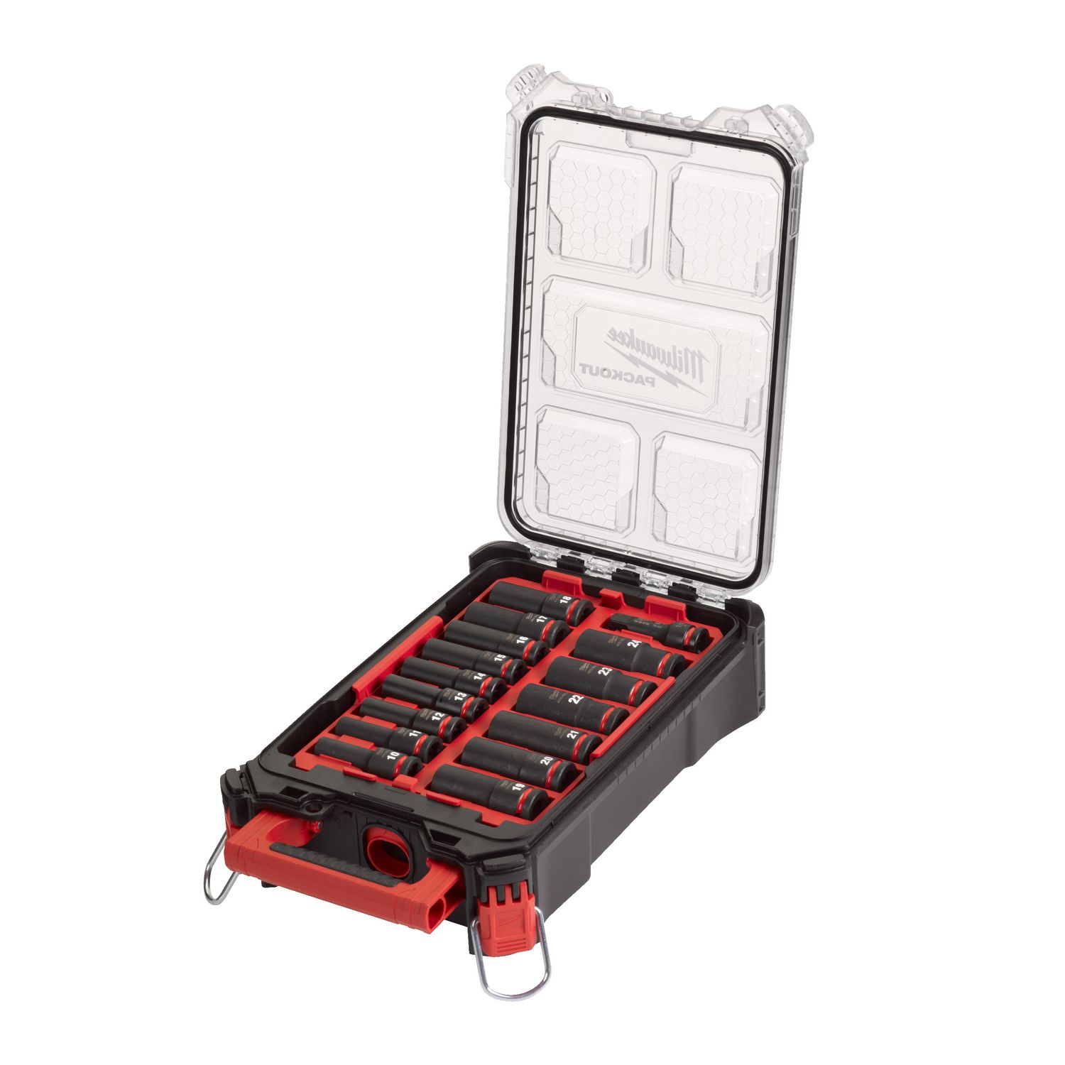 MILWAUKEE 16-teiliges Set im PACKOUT Organiser Slim Compact SHOCKWAVE Schlagnuss 1/2&quot; lang Set