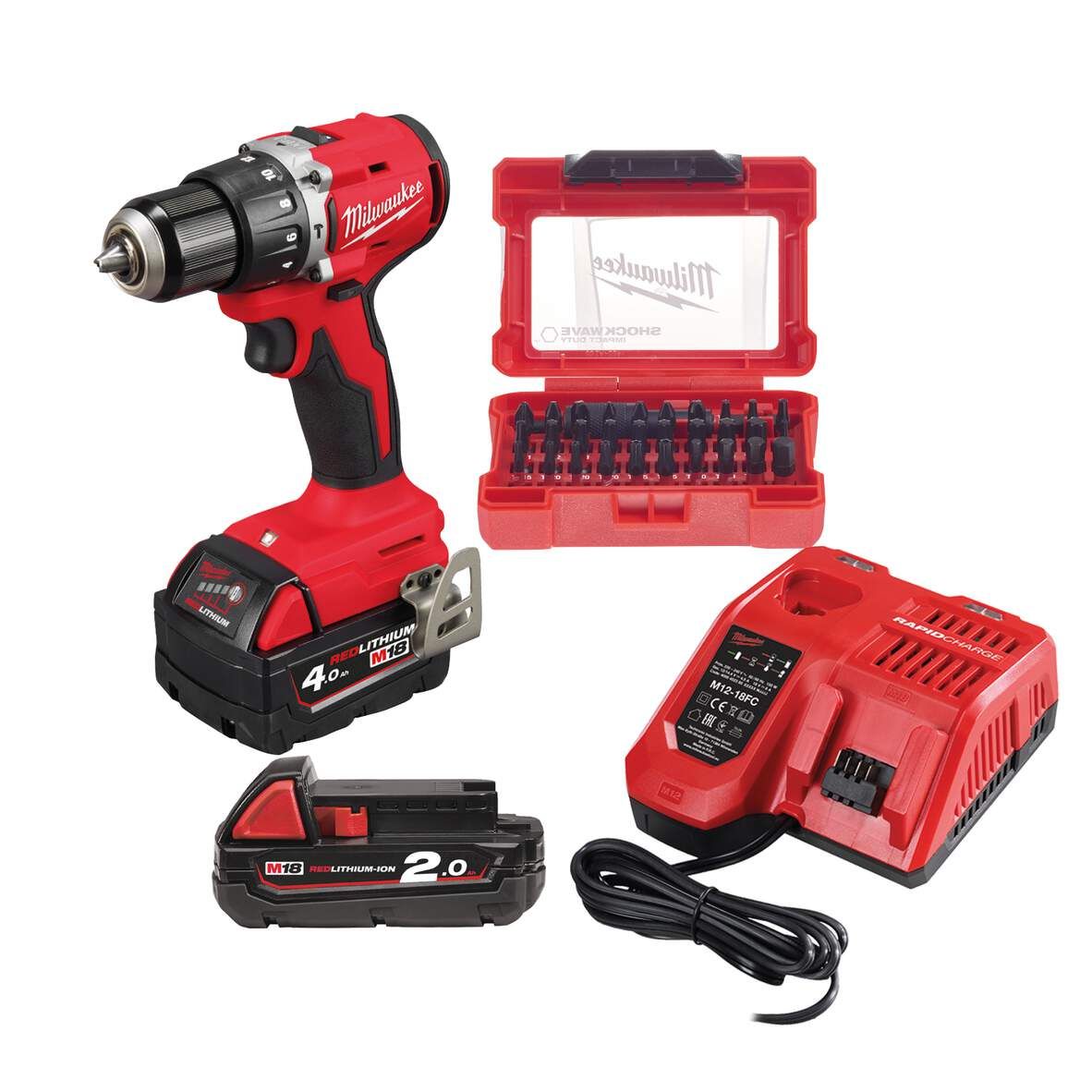 MILWAUKEE Akku-Schlagbohrschrauber-Set M18BLPDRC-422C+Bit Set 32tlg.