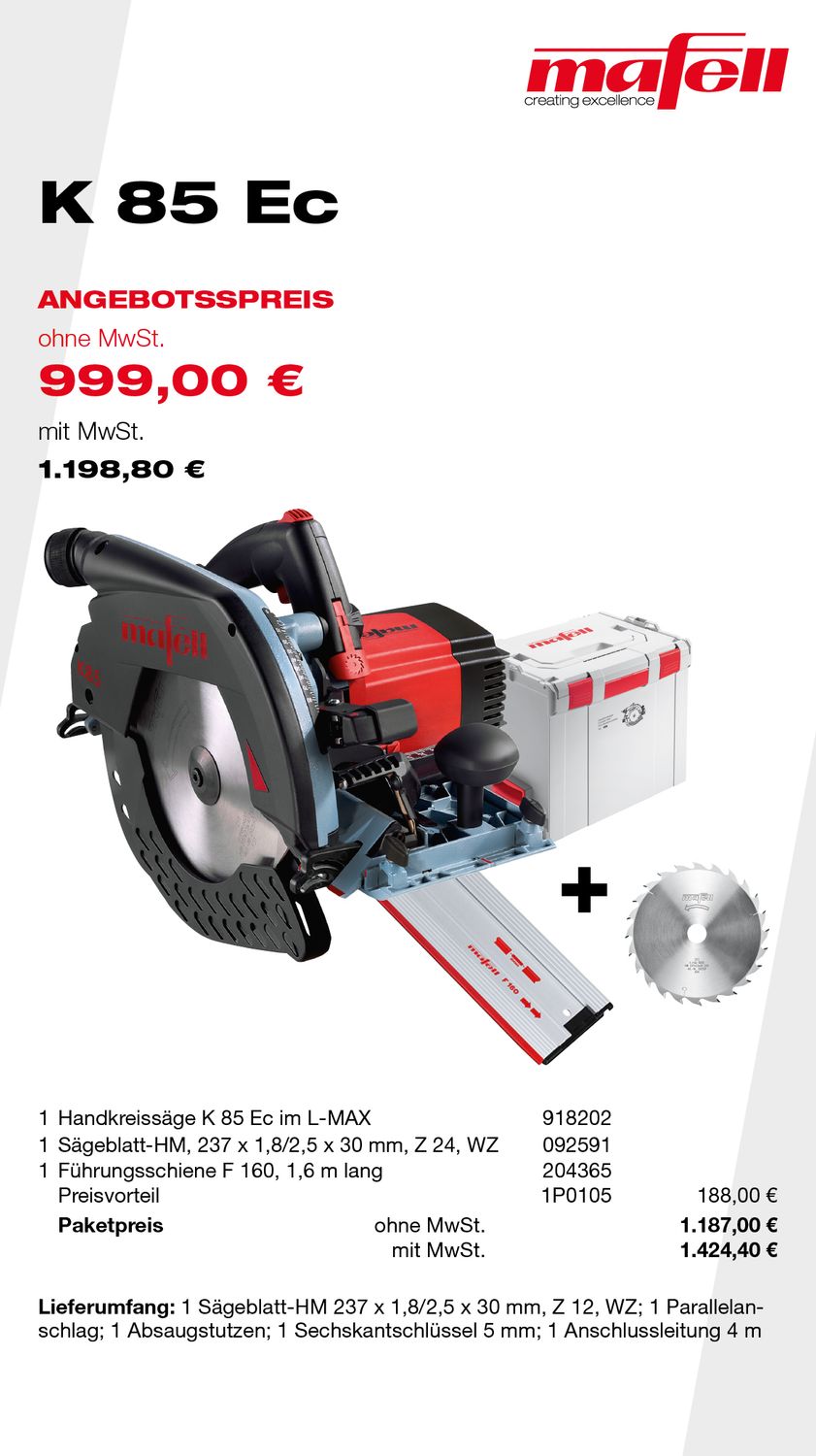 MAFELL Angebote Plus 03/2025 - Handkreissäge K 85 Ec im L-MAX
