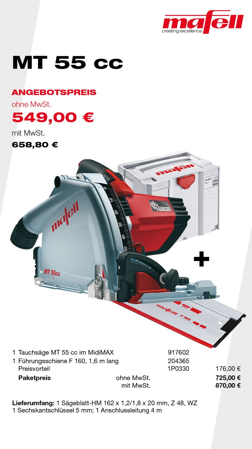 MAFELL Angebote Plus 03/2025 - Tauchsäge MT 55 cc MidiMAX im T-MAX mit Führungsschiene F 160