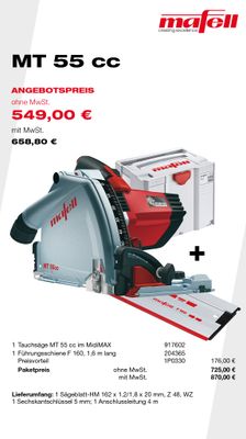 MAFELL Angebote Plus 03/2025 - Tauchsäge MT 55 cc MidiMAX im T-MAX mit Führungsschiene F 160