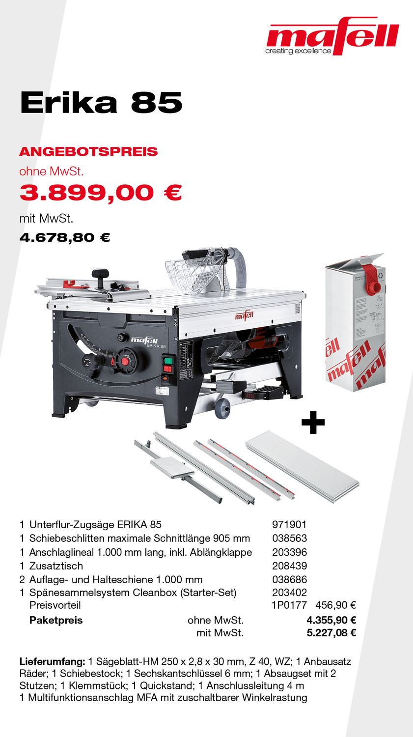 MAFELL Angebote Plus 03/2025 - Unterflur-Zugsäge ERIKA 85 mit Schiebeschlitten 905 mm, Anschlaglinien 1.000 mm, Zusatztisch, 2 Auflage- und Halteschienen, Spänesammelsystem Cleanbox