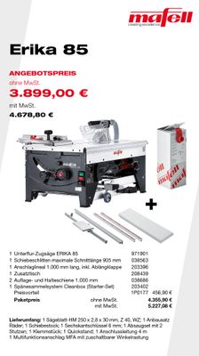 MAFELL Angebote Plus 03/2025 - Unterflur-Zugsäge ERIKA 85 mit Schiebeschlitten 905 mm, Anschlaglinien 1.000 mm, Zusatztisch, 2 Auflage- und Halteschienen, Spänesammelsystem Cleanbox