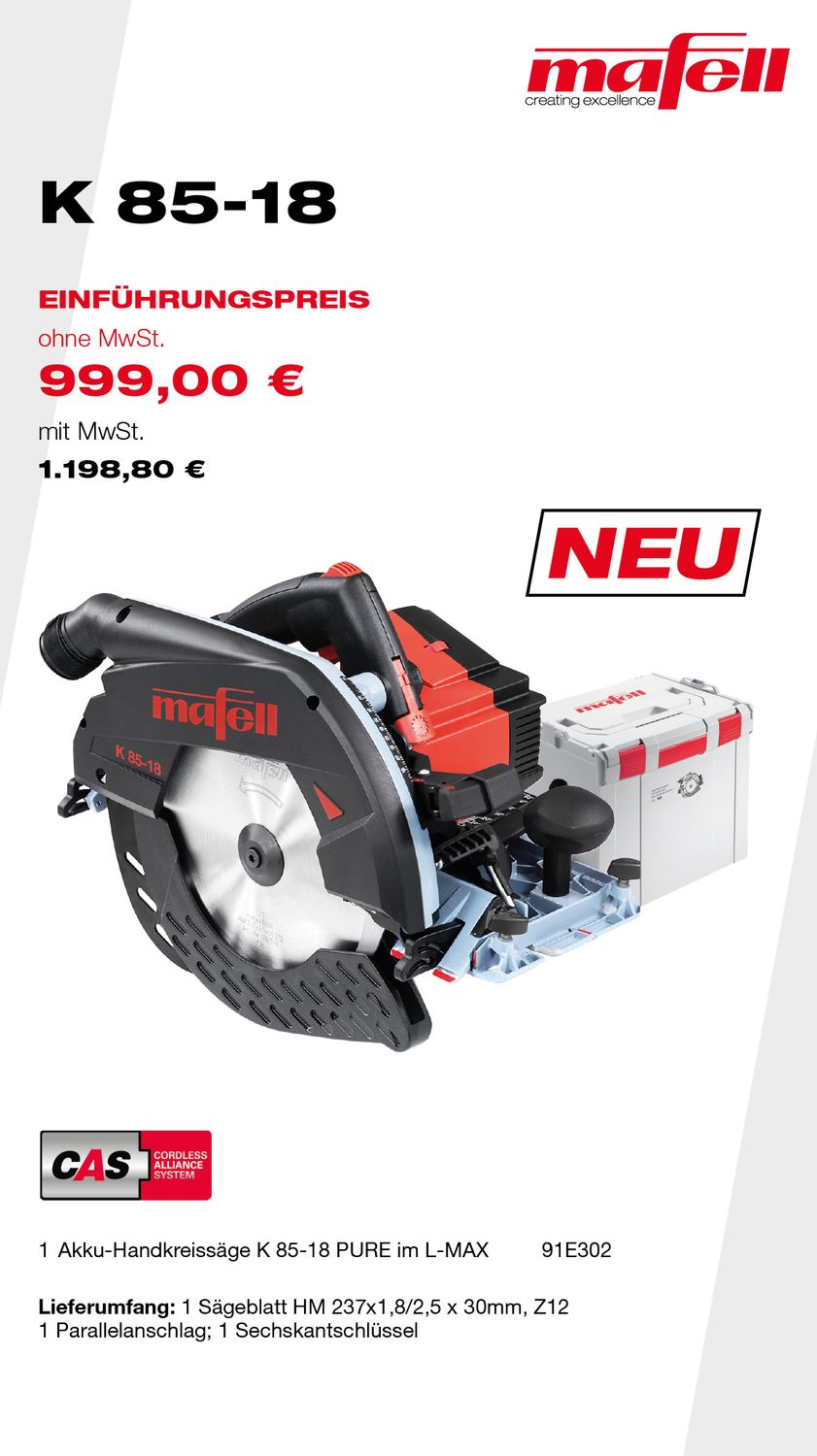 MAFELL Angebote Plus 03/2025 - Akku-Handkreissäge K 85-18 PURE im L-MAX