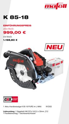 MAFELL Angebote Plus 03/2025 - Akku-Handkreissäge K 85-18 PURE im L-MAX
