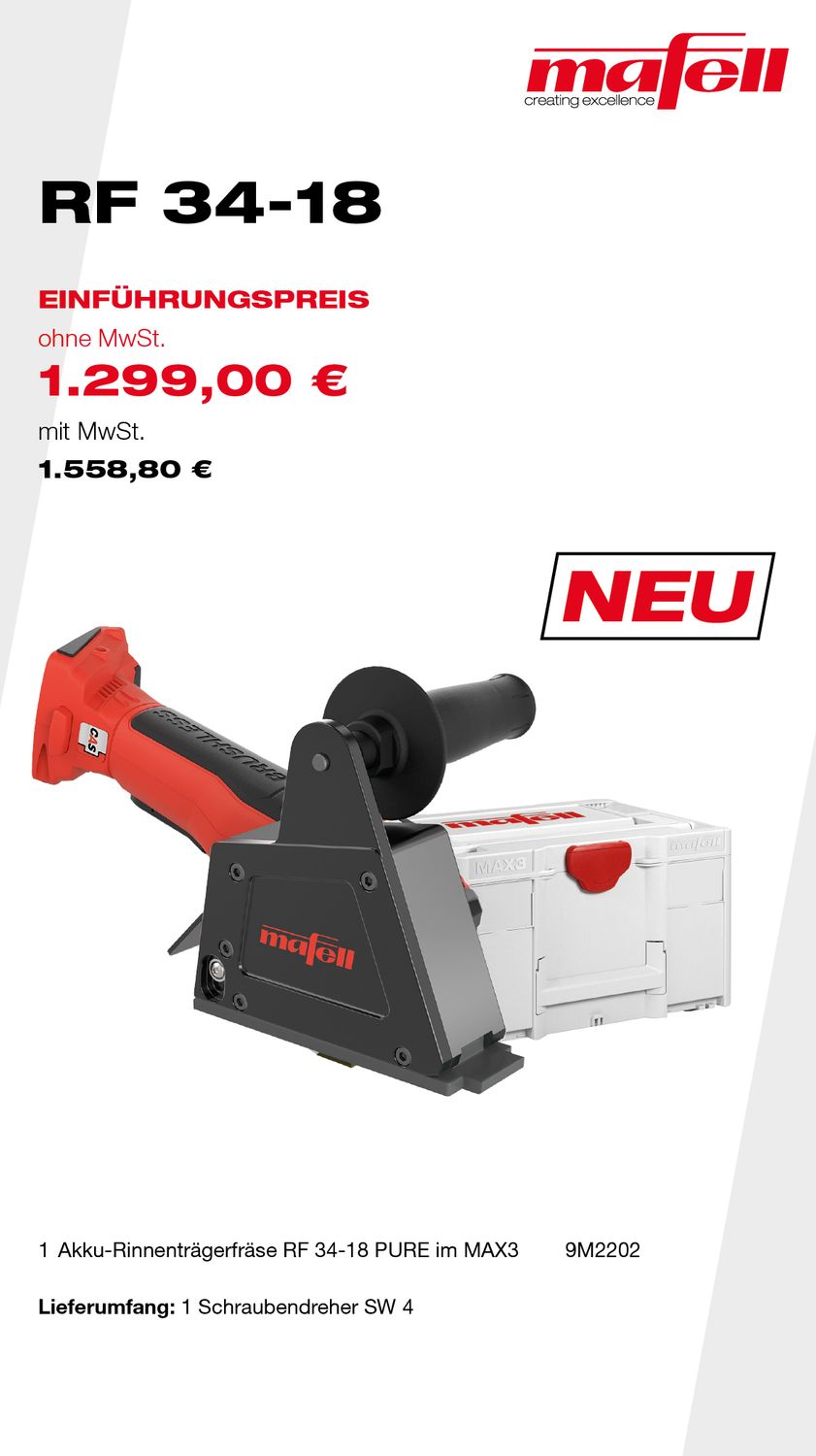 MAFELL Akku-Rinnenträgerfräse RF 34-18 Pure im MAX3