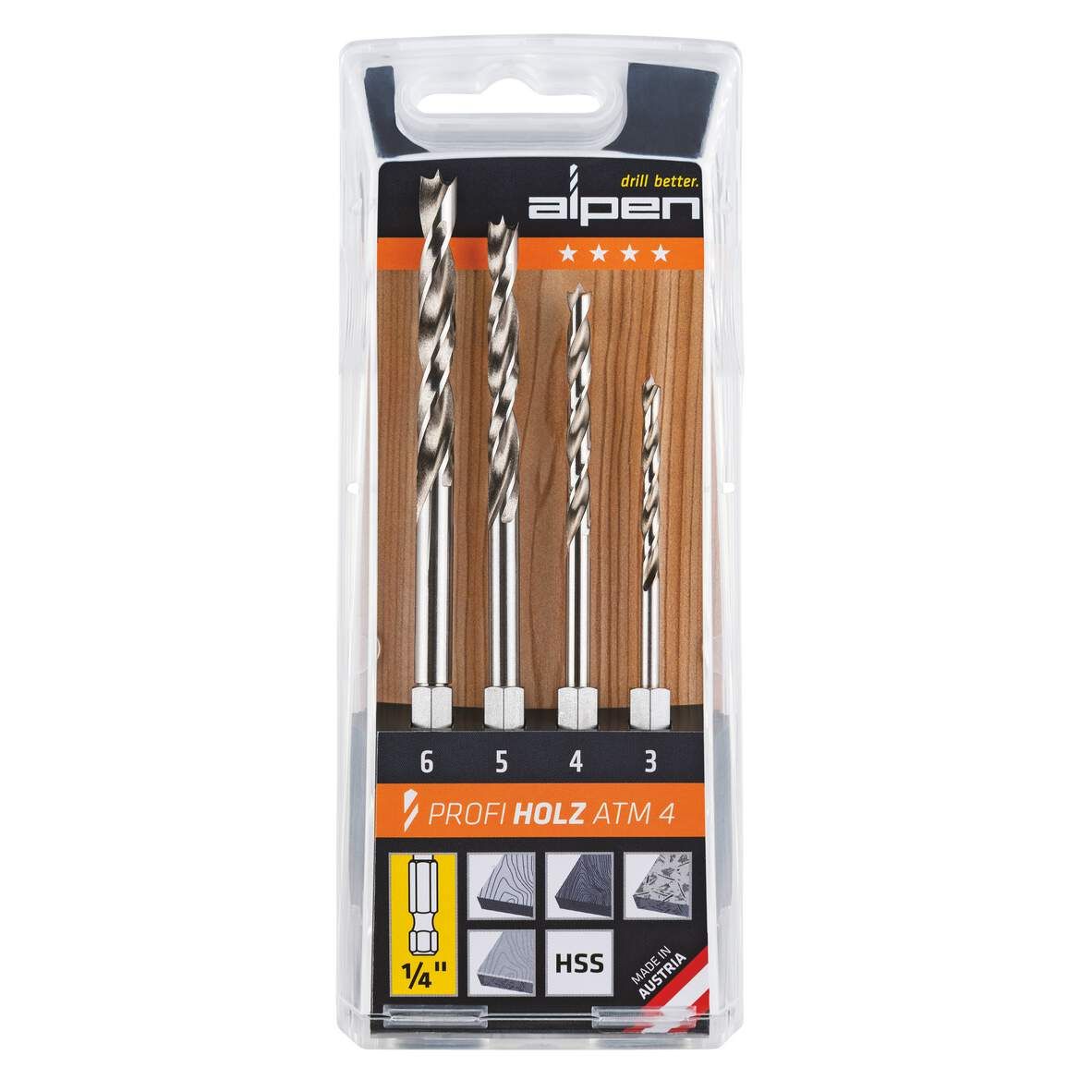 ALPEN Holzbohrerset ATM4 HSS 4-teilig 6-kant DM 3/4/5/6mm