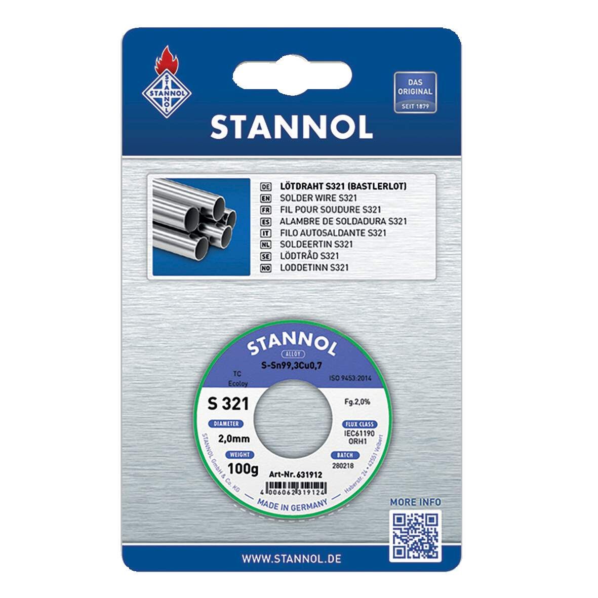 STANNOL Lötdraht S321 Bastlerlot DM 2,0mm, 100g SB, Sn99Cu1