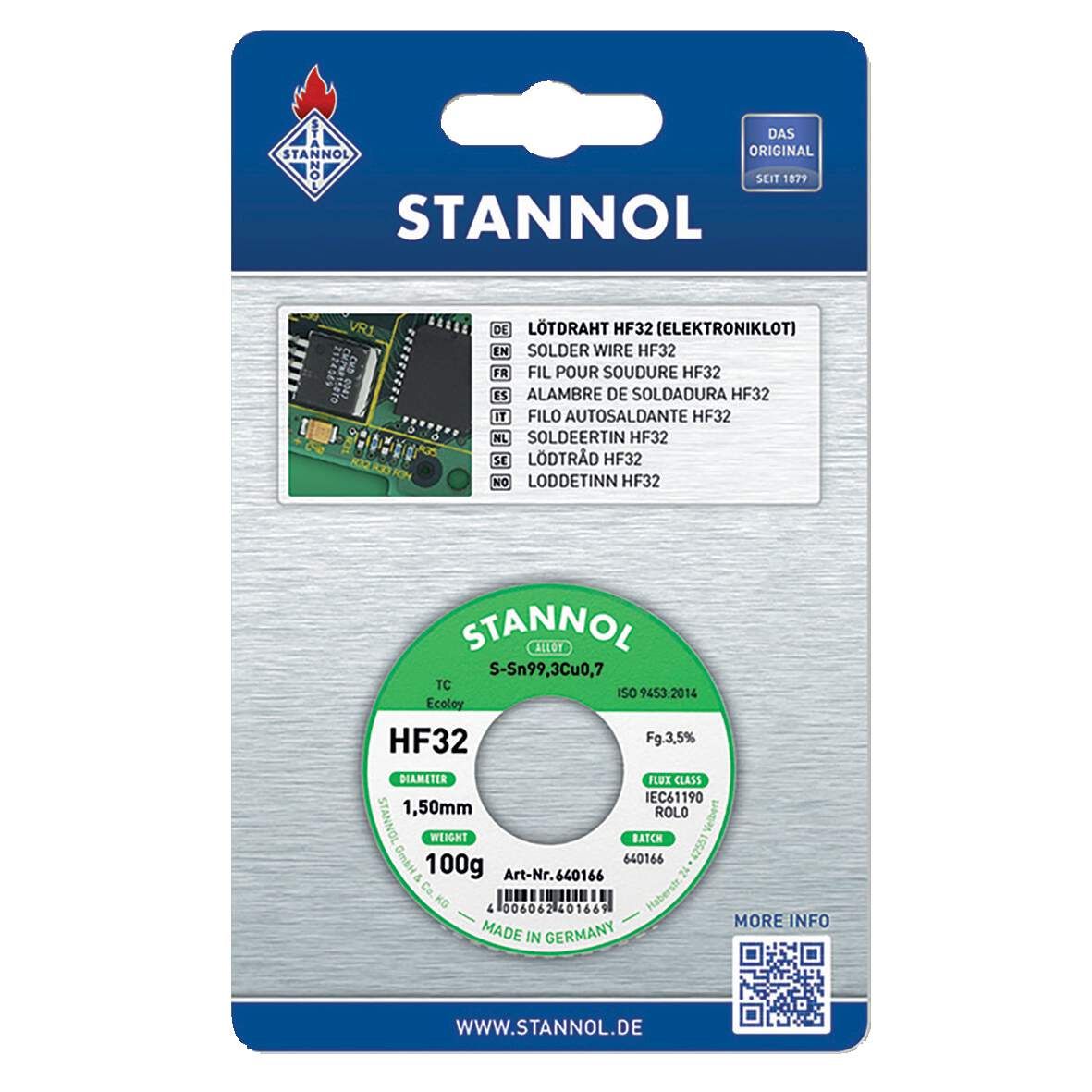 STANNOL Lötdraht HF 32 Elektroniklot DM 1,5mm, 100g SB, Sn99Cu11