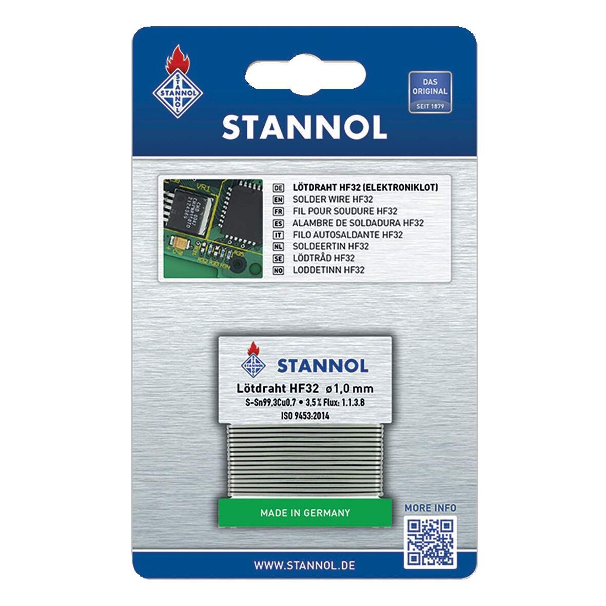 STANNOL Lötdraht HF 32 Elektroniklot DM 1mm, 1m Wickel SB, Sn99Cu1