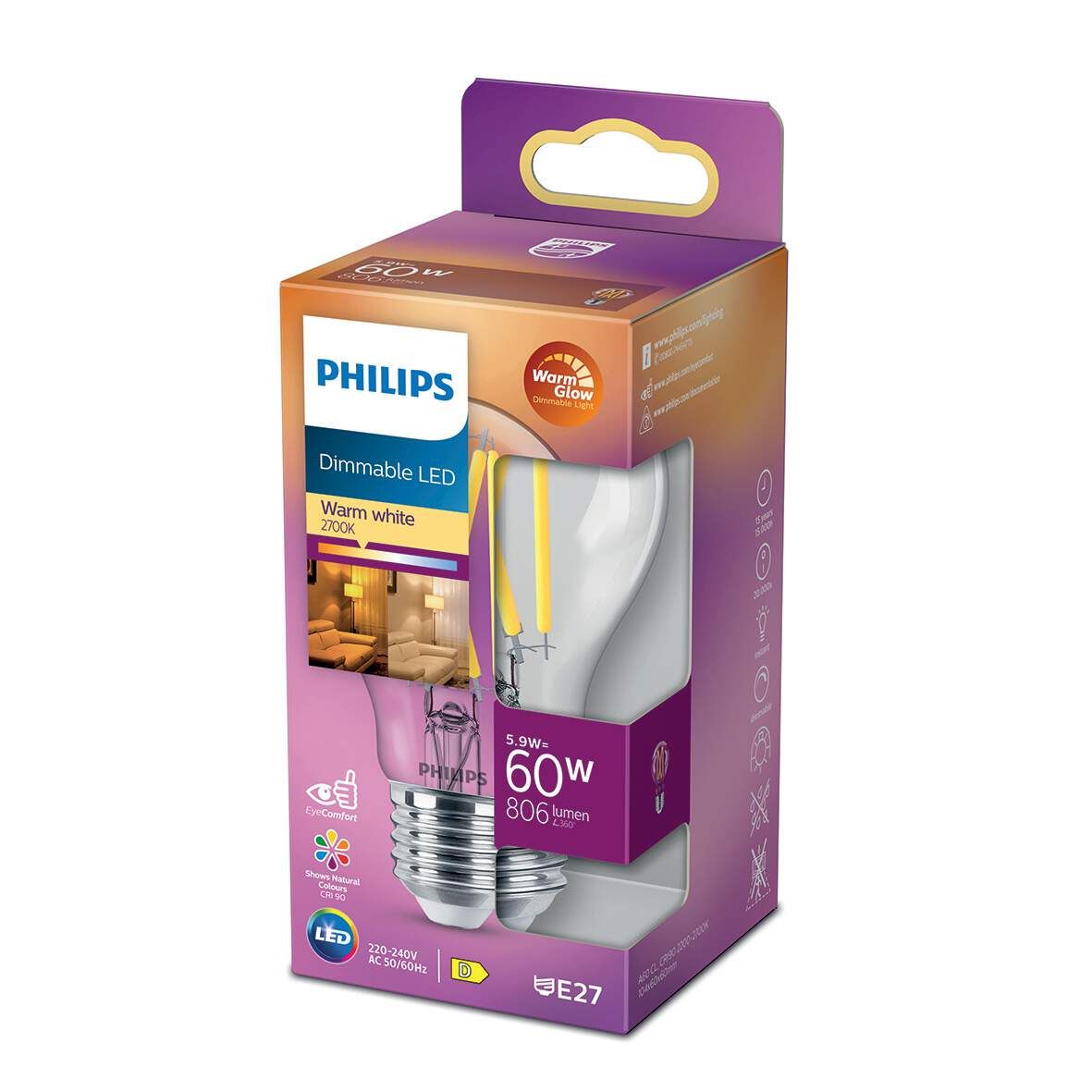 PHILIPS LED Classic Fila 60W E27 WW 806lm klar dim WG