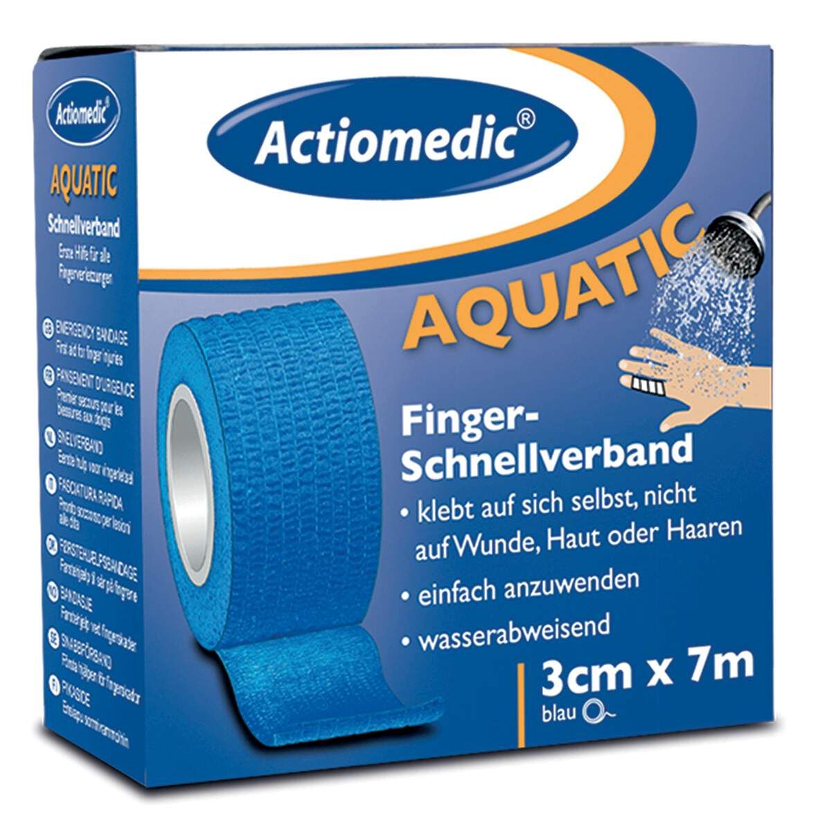 ACTIOMEDIC Schnellverband blau 3cmx7m Aquatic selbsthaftend