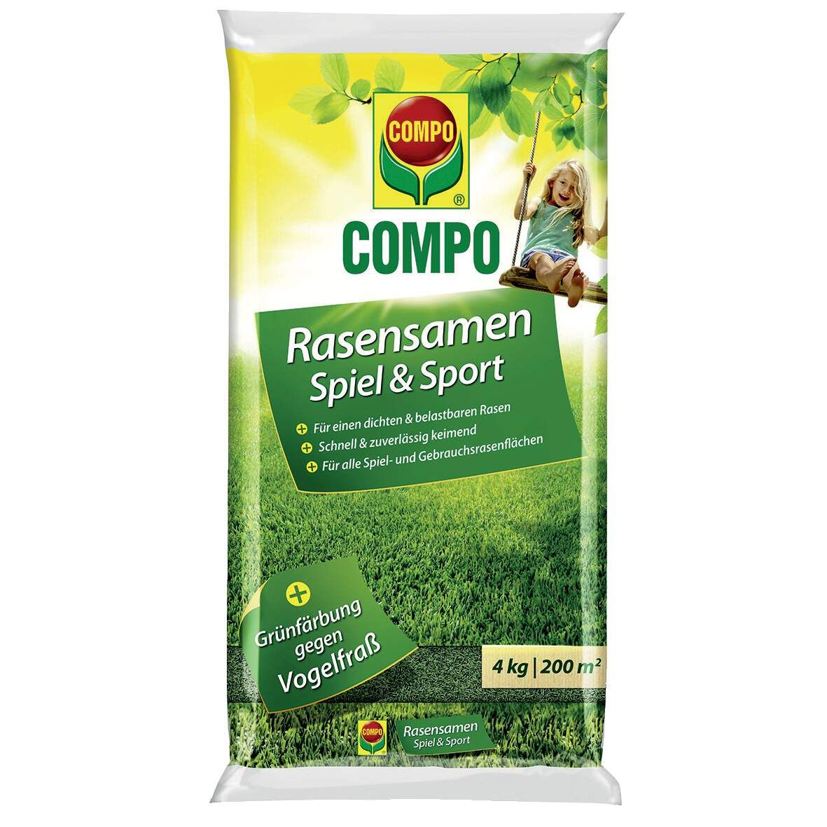 COMPO Rasensamen Spiel und Sport 4kg Grünfärbung gegen Vogelfraß