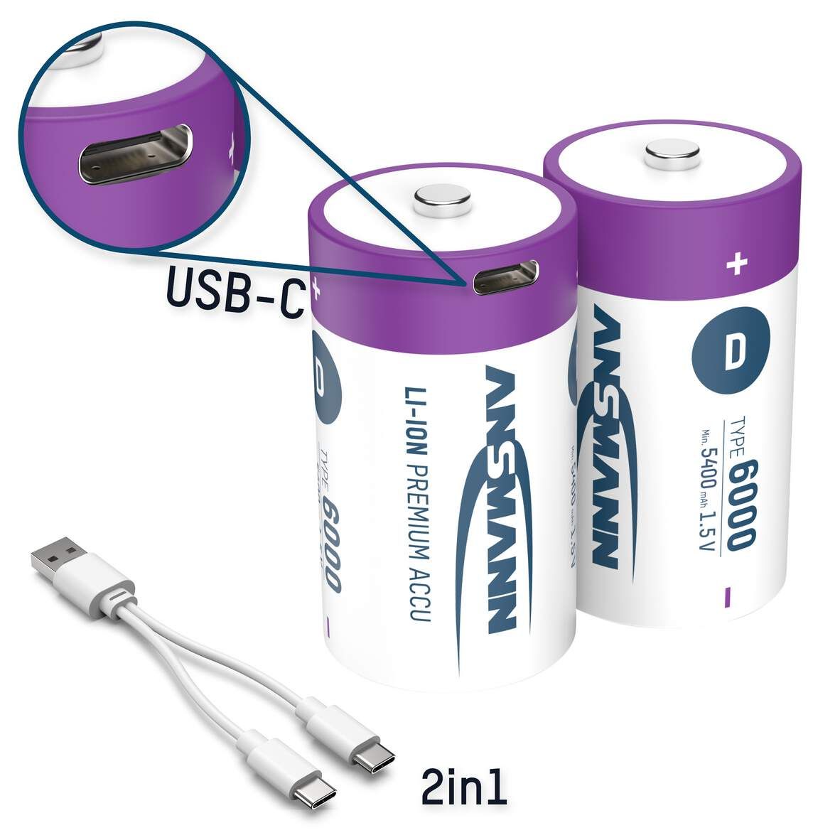 ANSMANN Li-Ion-Akkus D 1,5V 5400 mAh 2er-Pack Typ 6000 USB-C Charge