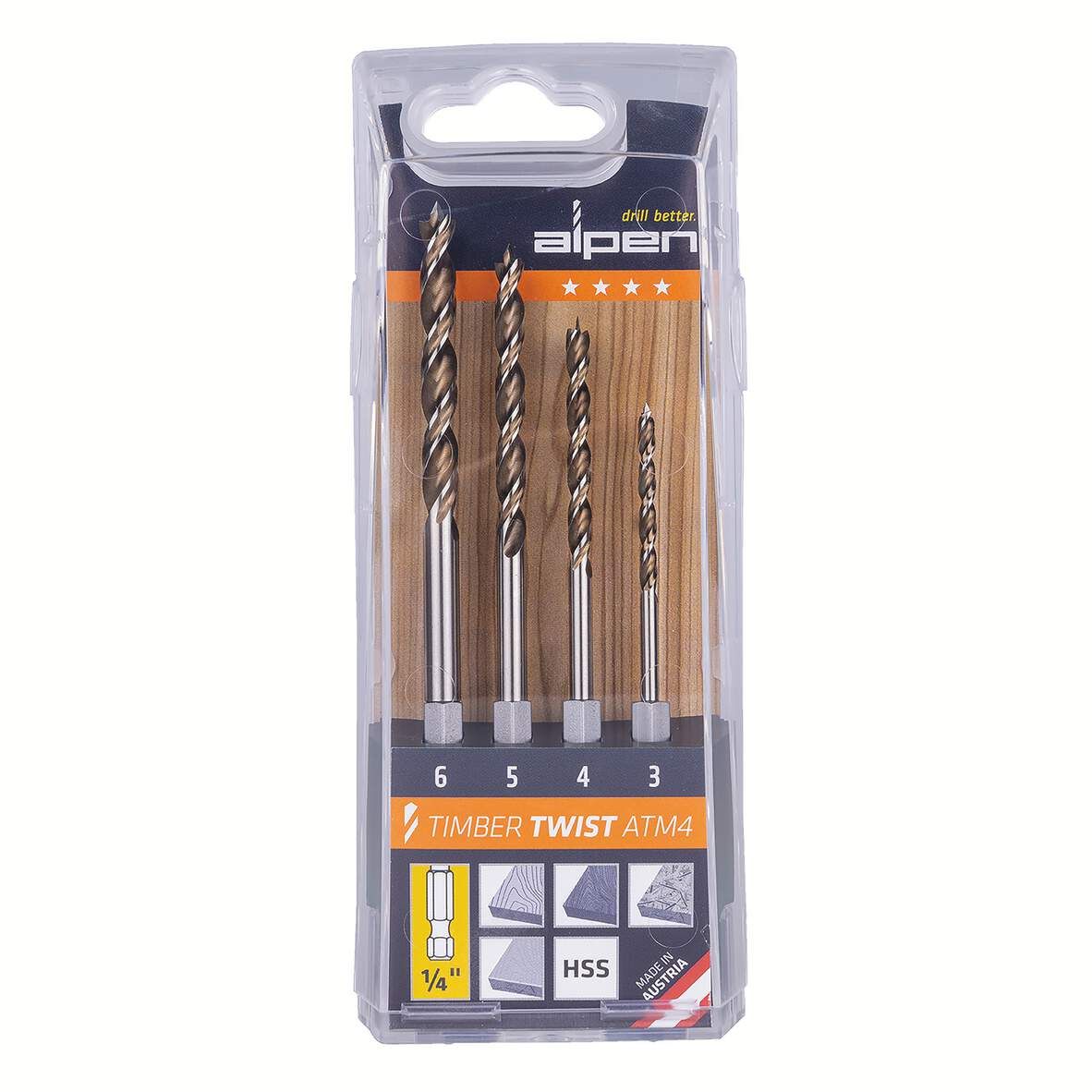 ALPEN Holzspiralbohrersatz TIMBER TW 6-kant HSS DM 3/4/5/6mm