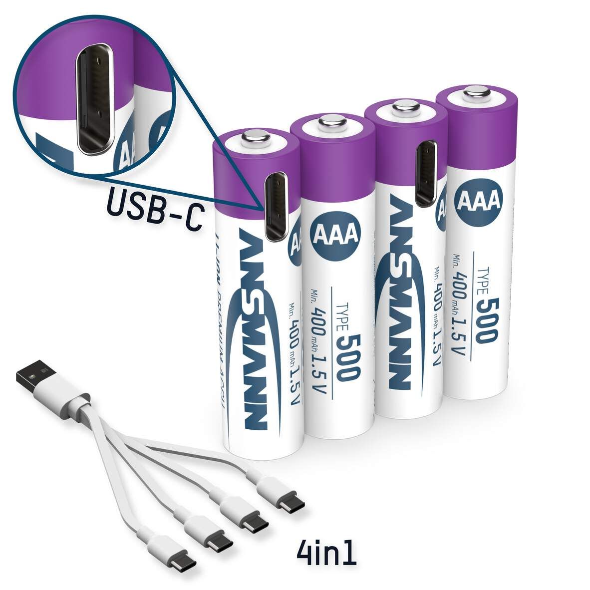 ANSMANN Li-Ion-Akkus AAA 1,5V 400mAh 4er-Pack Typ 500 USB-C Charge