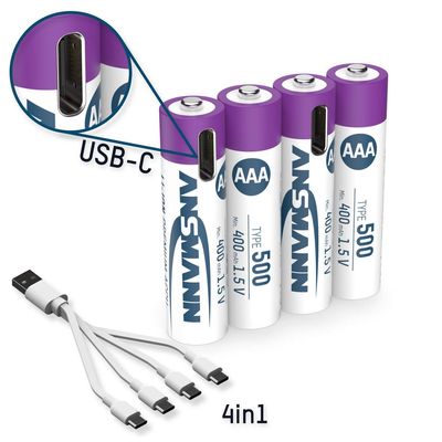 ANSMANN Li-Ion-Akkus AAA 1,5V 400mAh 4er-Pack Typ 500 USB-C Charge