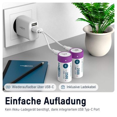 ANSMANN Li-Ion-Akkus C 1,5V 2300 mAh 2er-Pack Typ 2500 USB-C Charge