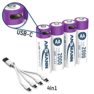 ANSMANN Li-Ion-Akkus AA 1,5V 1800 mAh 4er-Pack Typ 2000 USB-C Charge