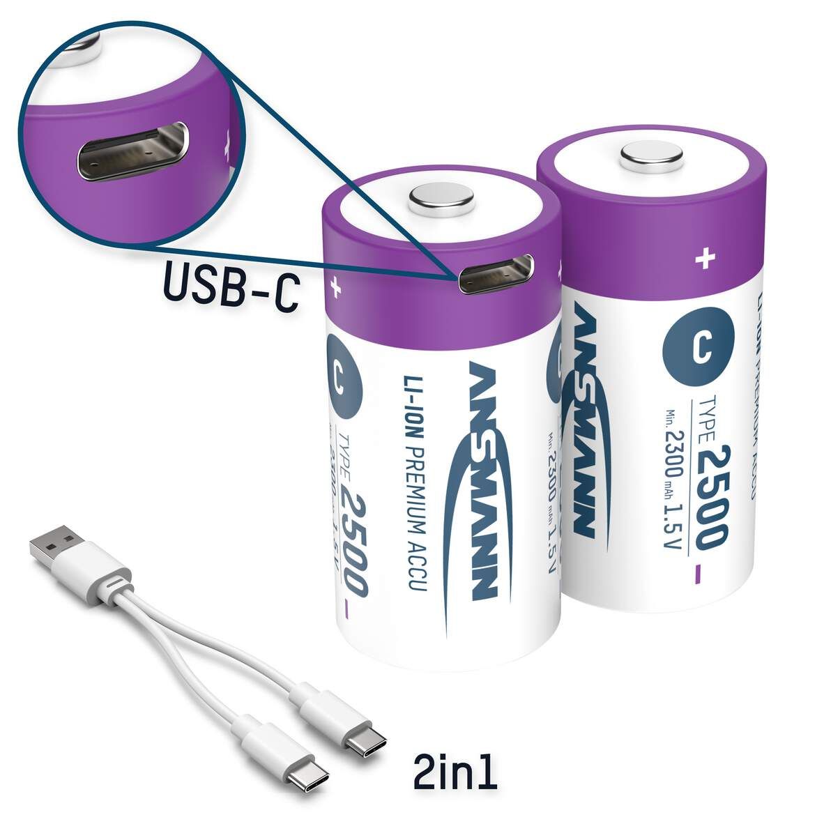 ANSMANN Li-Ion-Akkus C 1,5V 2300 mAh 2er-Pack Typ 2500 USB-C Charge