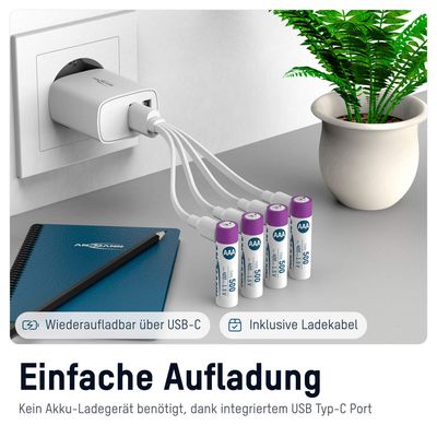 ANSMANN Li-Ion-Akkus AAA 1,5V 400mAh 4er-Pack Typ 500 USB-C Charge
