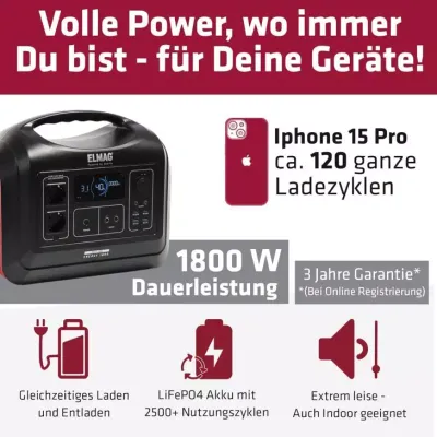 ELMAG Powerstation ENERGY 1800 1800W, LiFEPO4 Akku mit 1480Wh