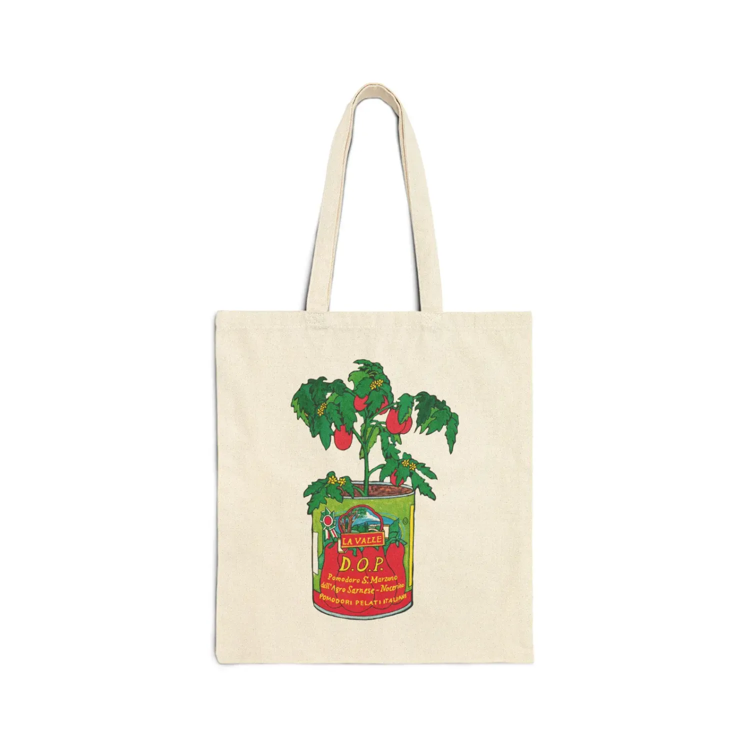 Tote bag with tomatoes planted in can artwork