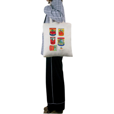 Tote bag with vintage cans artwork