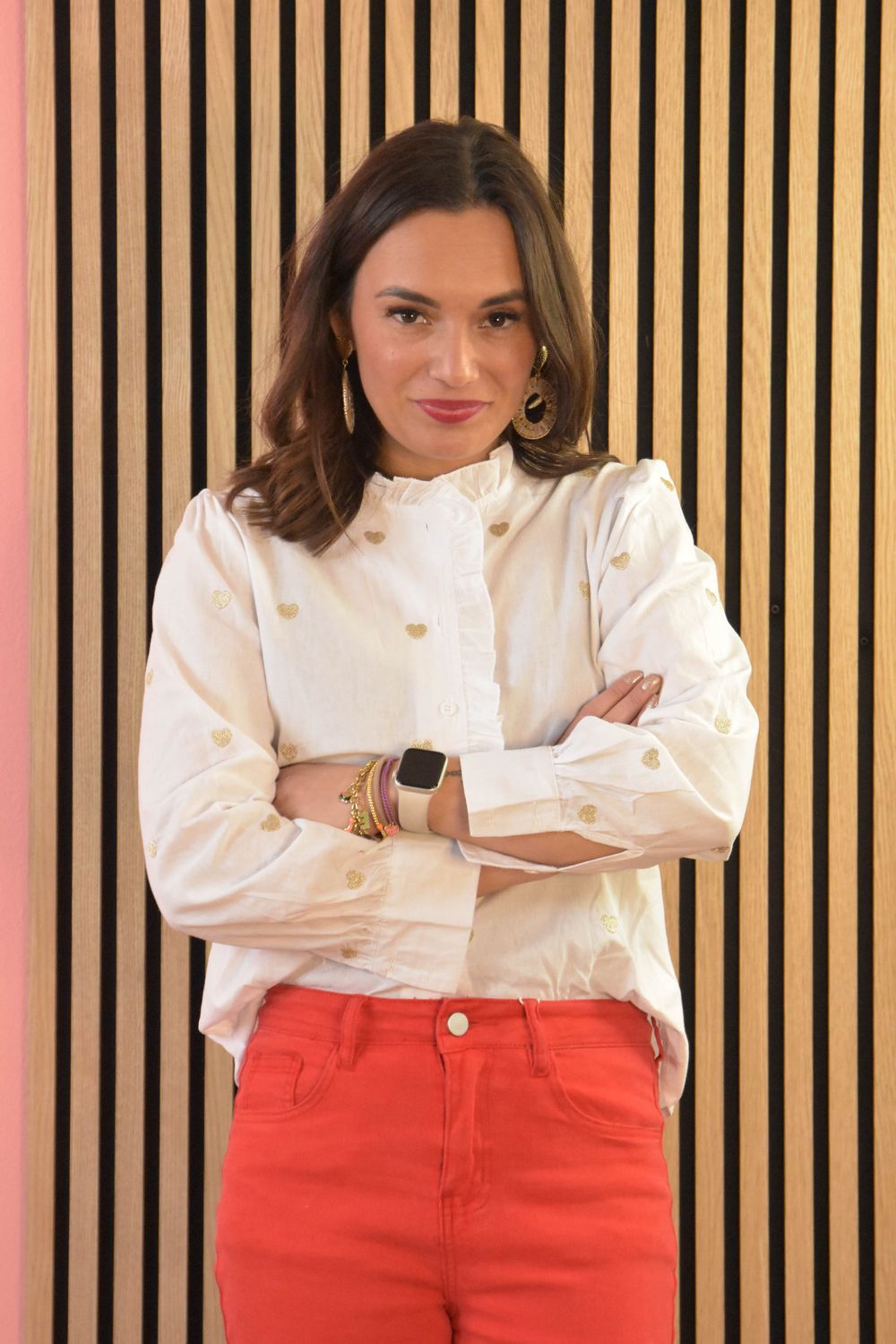 Blouse roomwit borstzak en hartjes goud