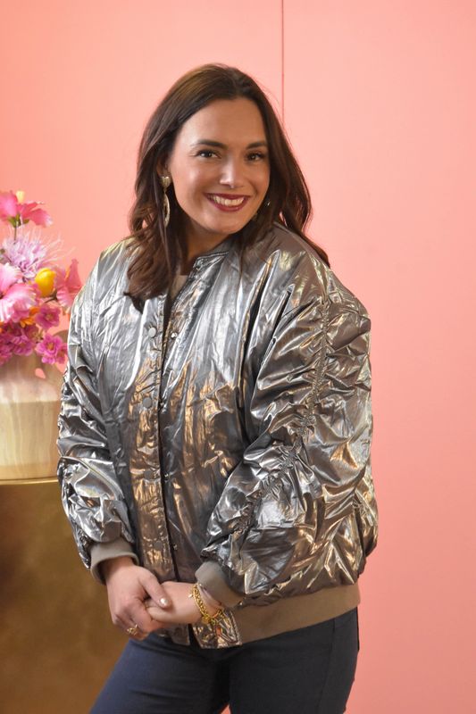 Bomber shine gedrapeerde mouwen taupe/zilver