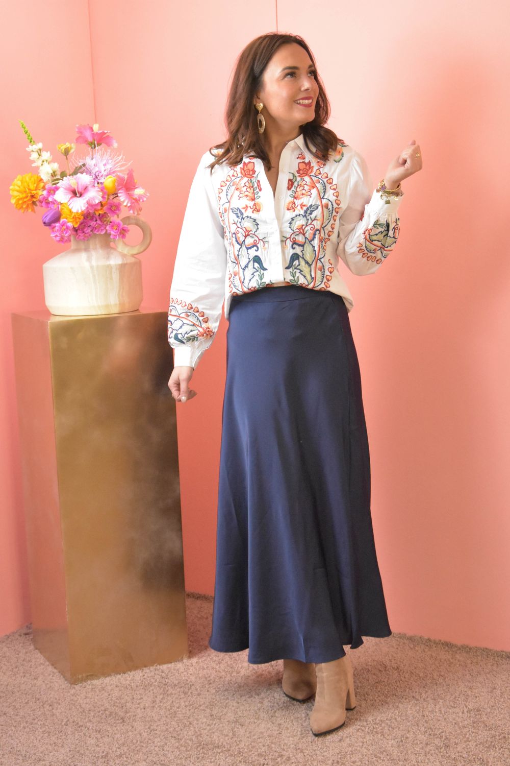 Lange silky rok  marineblauw