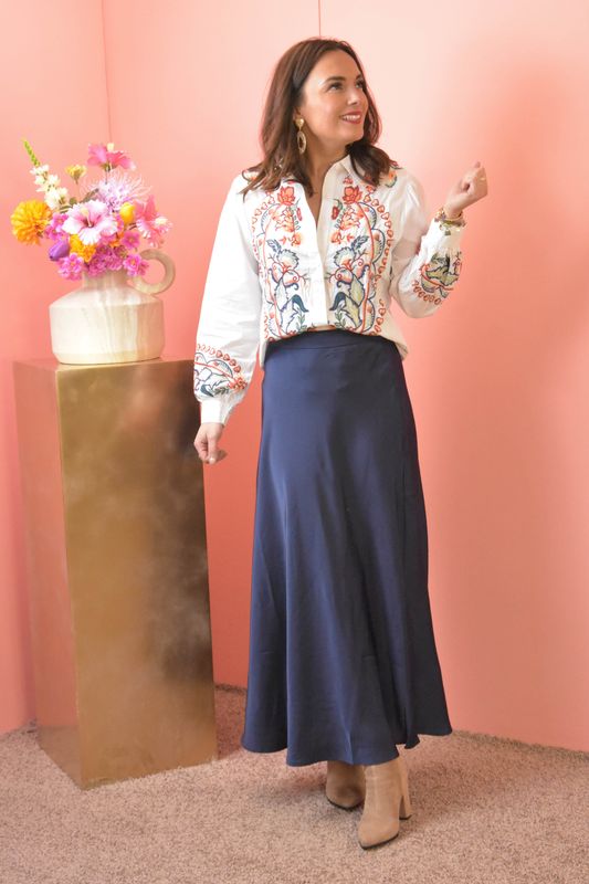 Lange silky rok  marineblauw