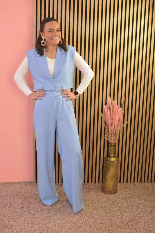 Tweedelig pak gilet wijde broek blauw