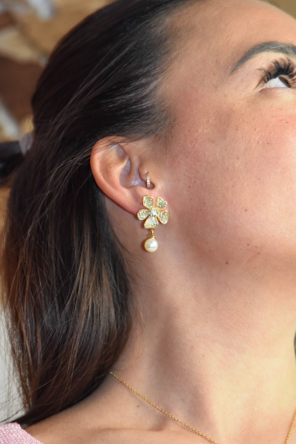 Oorbel bloem parel goud