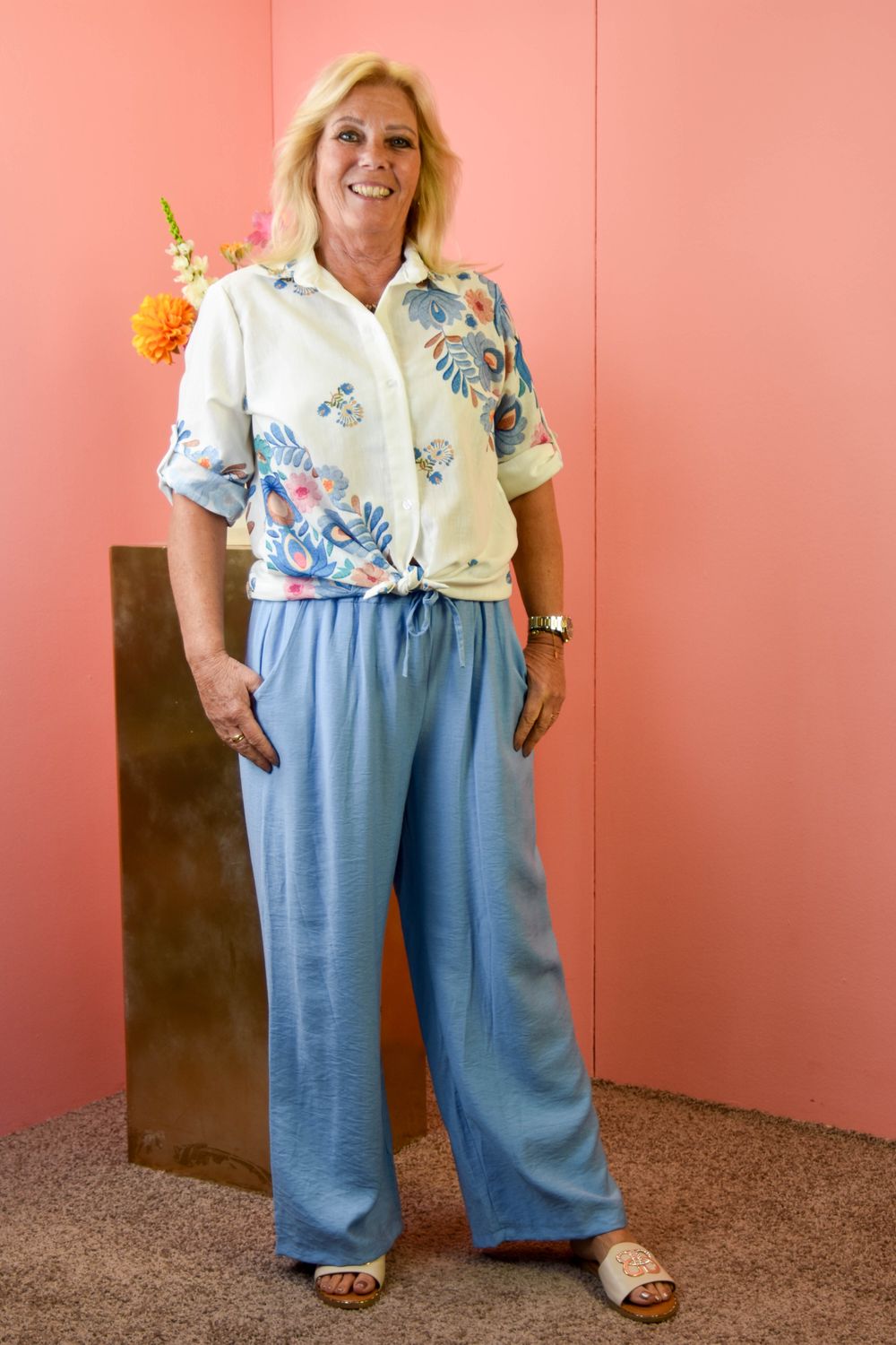Basic linnen broek lichtblauw