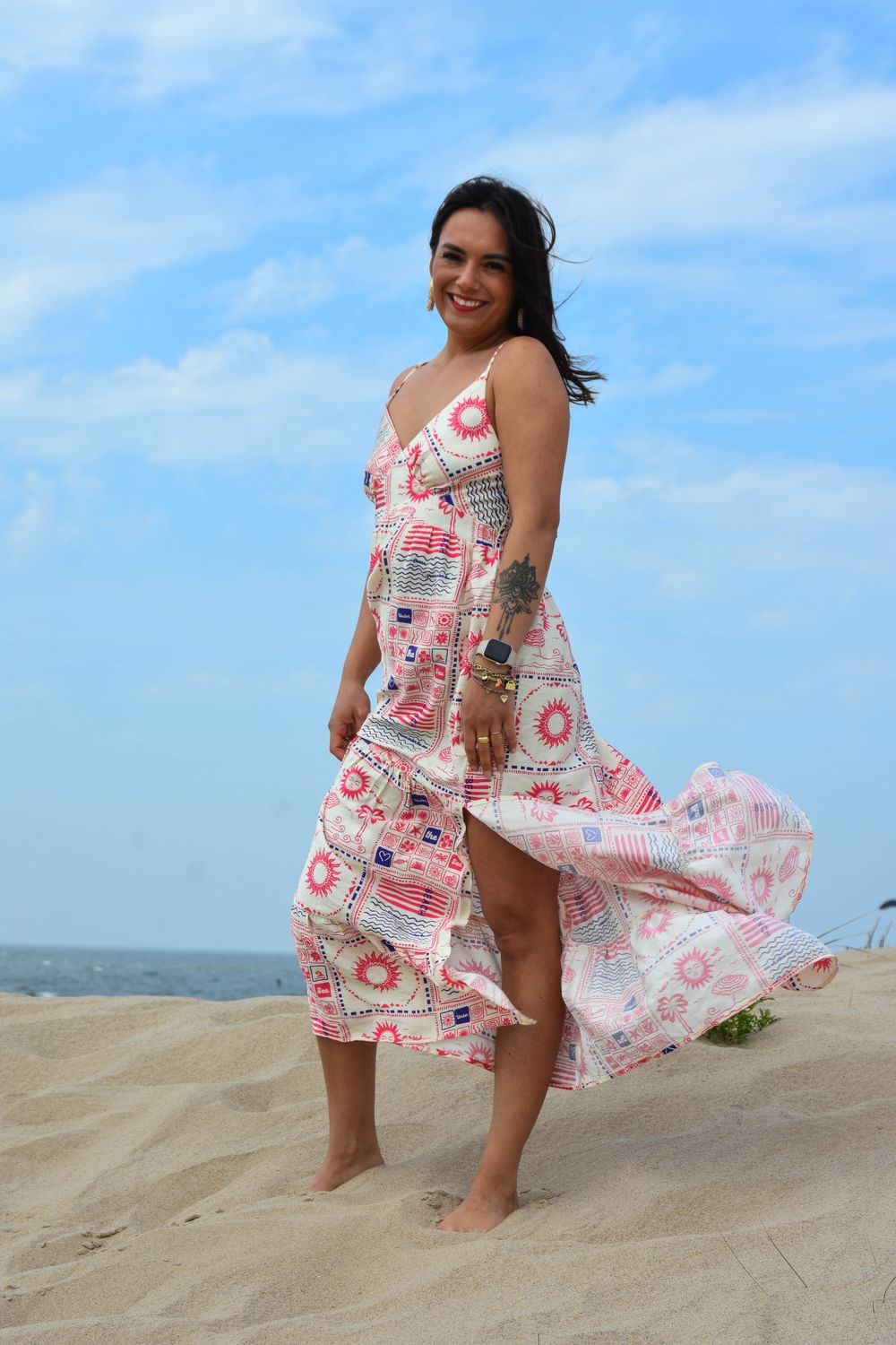 Lange jurk ocean vibes roze/blauw