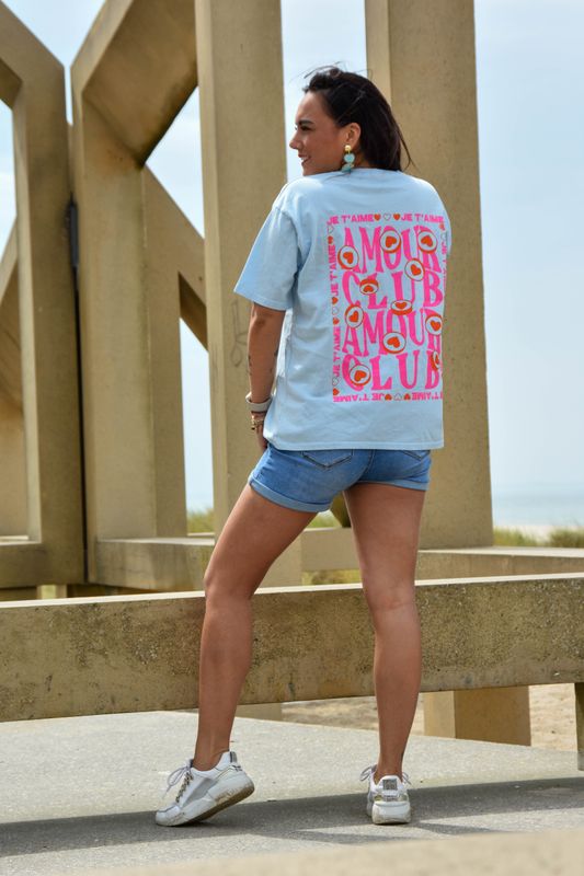 Shirt lichtblauw amour club  oranje/roze