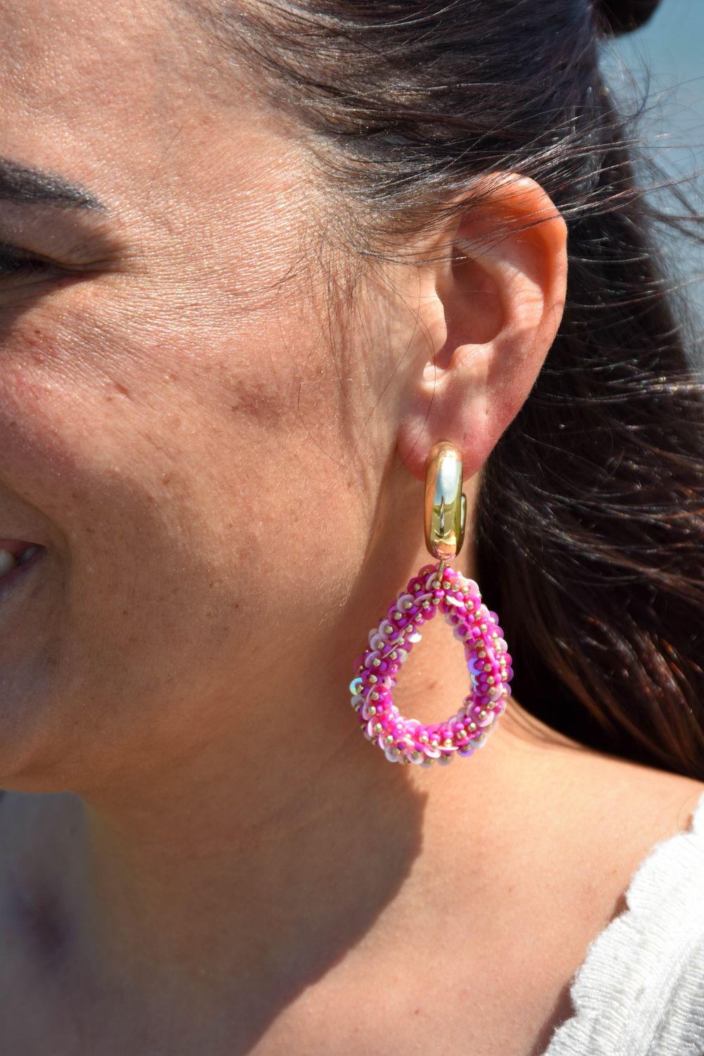 Oorbel halve ring en roze ovaal