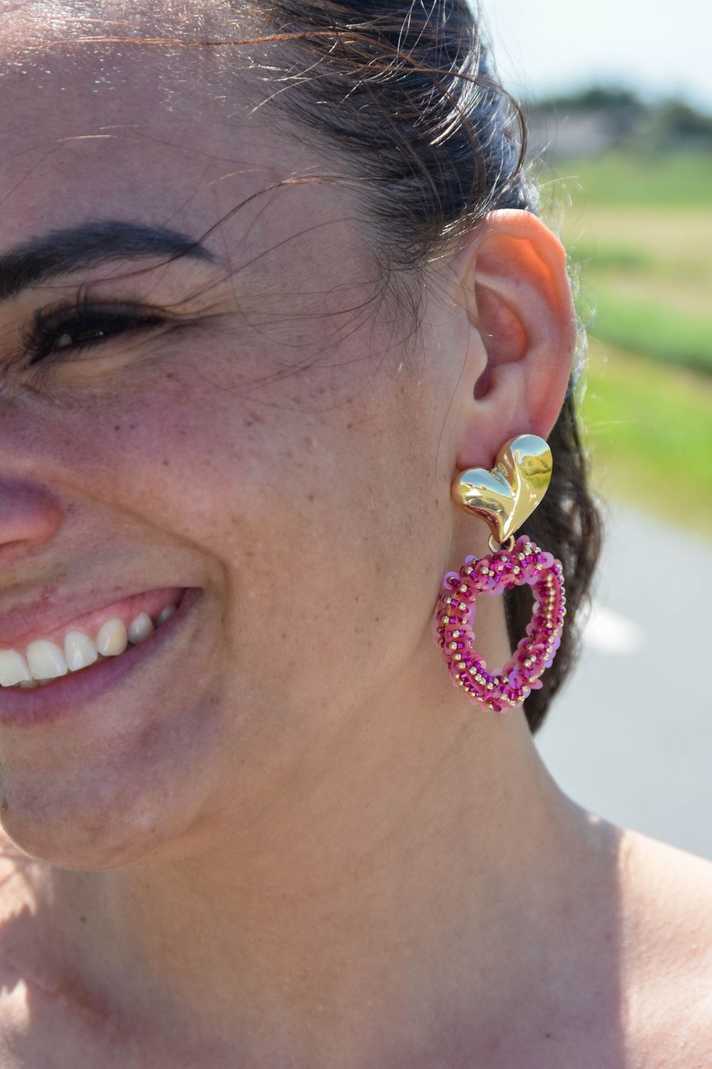 Oorbel hart goud en hart roze