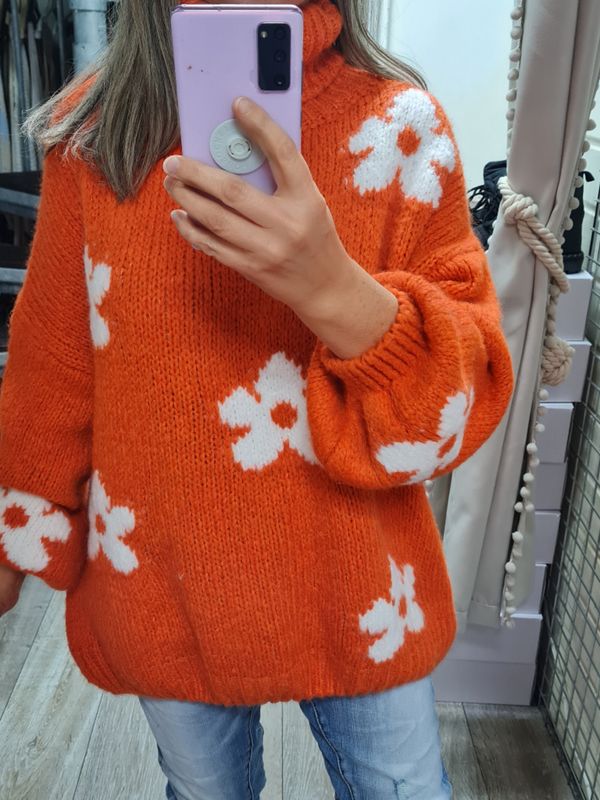Strickpullover Rolli Blumen orange