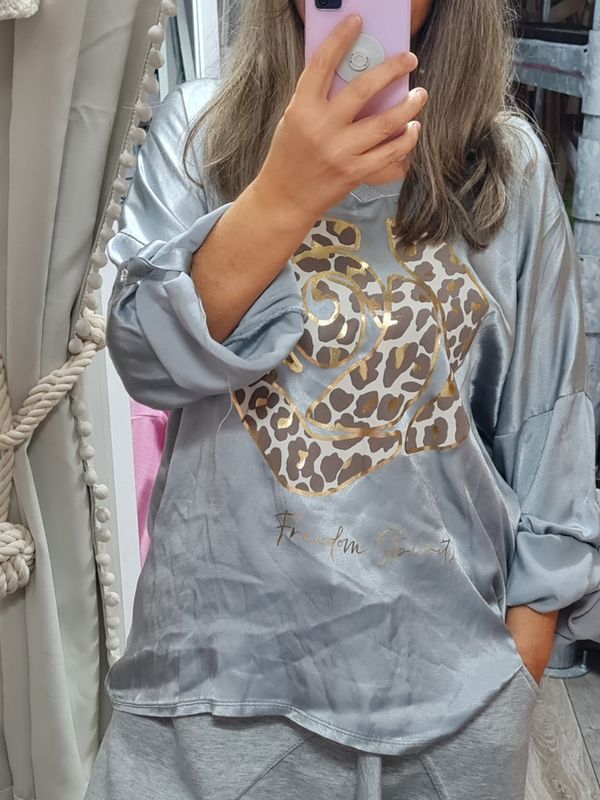 Shiny Shirt Bluse grau leo italymode