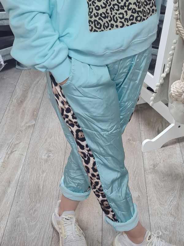 Shiny Glanz Joggpants Hose Leo Leopard Streifen Stripes mint italymode