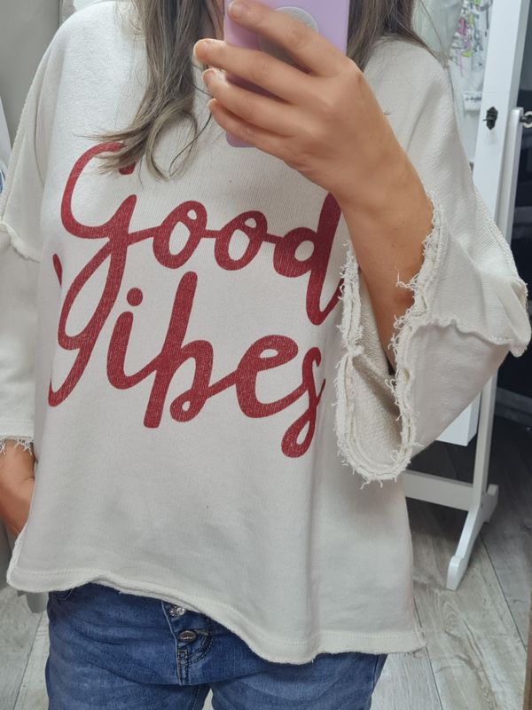 Pullover good vibes 3/4 Arm Strickpulli beige rot